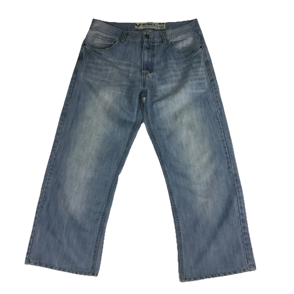 Avirex Mens 36x30 Wide Leg Baggy Jeans Light Wash Blue Embroidered Y2K Hip Hop